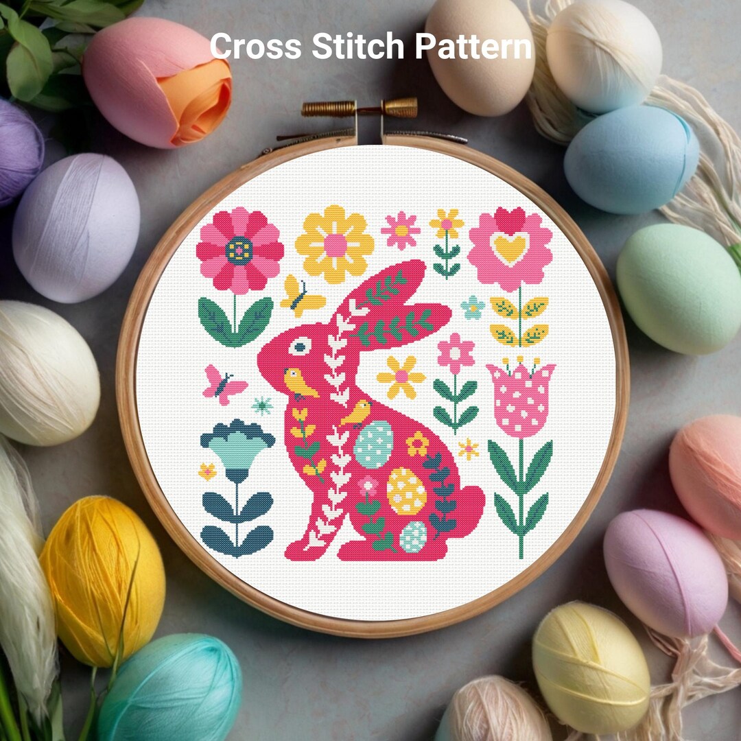 Colorful Easter Bunny Cross Stitch Pattern, Folk Rabbit Cross Stitch ...