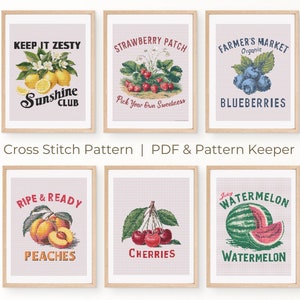 Set van 6 aquarel zomerfruit kruissteekpatronen, vintage gezonde voeding keukenontwerpen kruissteekkaart, fruit sampler xstitch-tabel