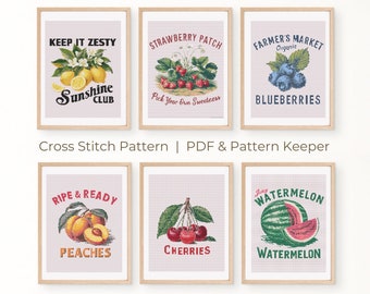 Set of 6 Watercolor Summer Fruits Cross Stitch Patterns, Vintage Healthy Food Kitchen Designs Cross Stitch Chart,Fruit Sampler Xstitch Chart