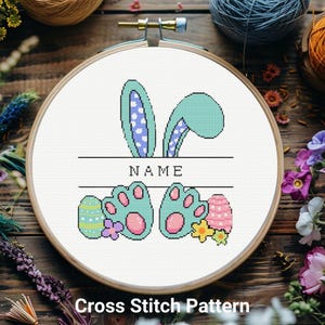 May include: A cross stitch pattern featuring a bunny with green ears, pink feet, and a name banner. The bunny is surrounded by colorful Easter eggs.