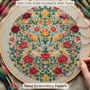 Op de afbeelding: Een ronde borduurring met linnen stof voorzien van een handgeborduurd bloemen- en vogelpatroon in rode, gele, groene en blauwe draden. Het ontwerp bevat rozen, tulpen en vogels. Tekst: DMC Color Guide Included & Stitch Types.