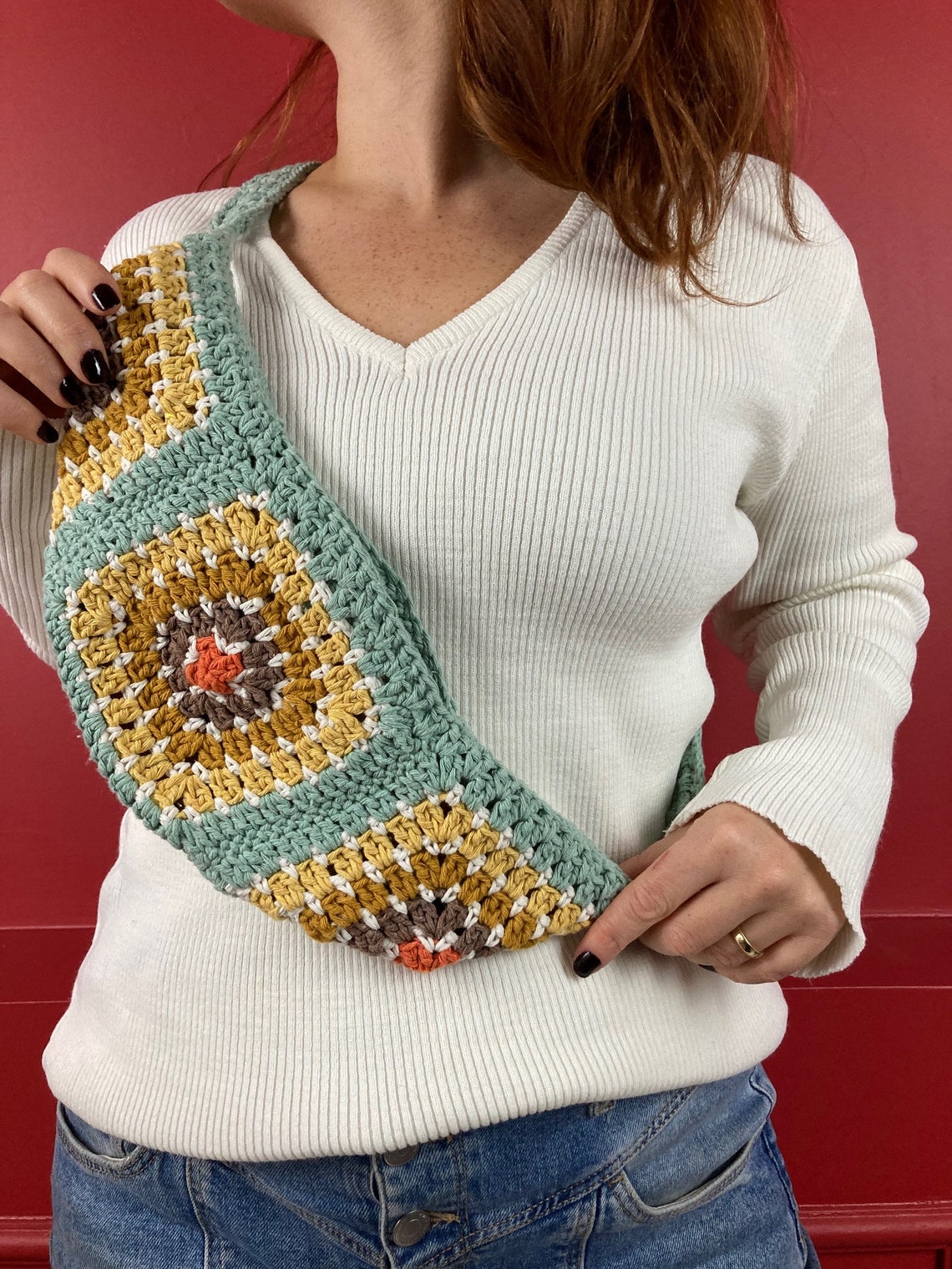 Green Crochet Crossbody Bum Bag Granny Squares Waist Bag Etsy