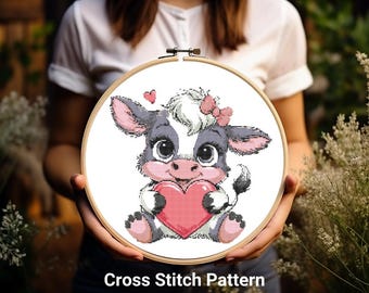 Baby Highland Kuh Kreuzstich-Muster, Herz Valentine (PDF-Muster)