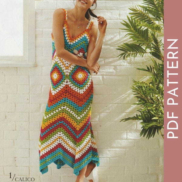 Crochet Granny Square Colourful Chevron Dress Pattern, Boho Hippie Summer Long Crochet Dress Pattern, INSTANT Download Pattern PDF