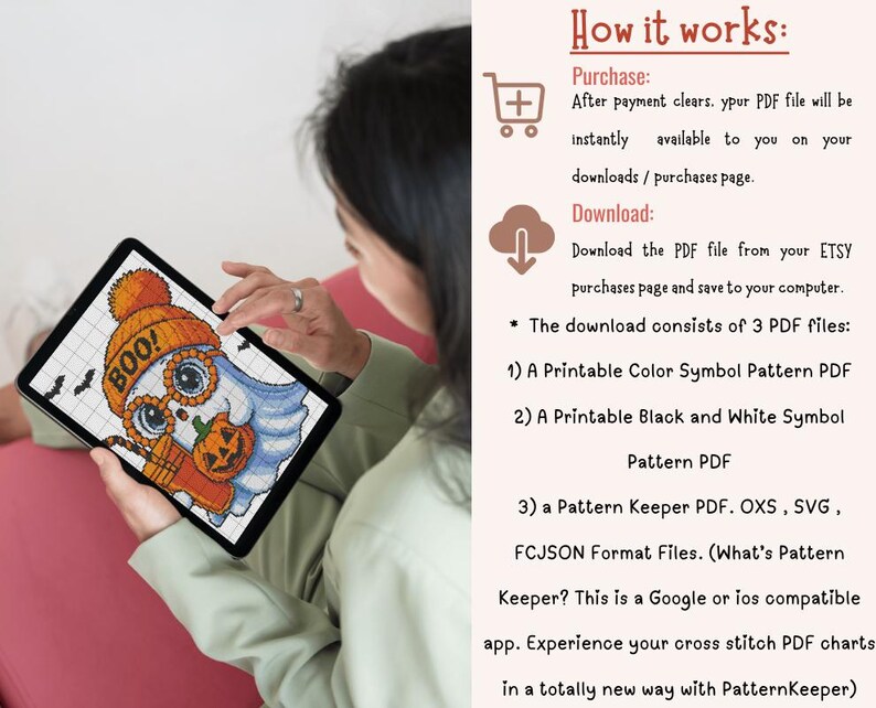 May include: A digital cross-stitch pattern displayed on a tablet. The design features a cartoon ghost wearing an orange hat with the word "BOO!" and holding a pumpkin. The image includes bats and the text "How it works".