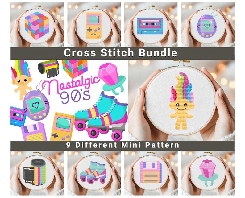 May include: A set of nine cross stitch patterns featuring nostalgic 90s icons, including a troll doll, a cassette tape, a game cartridge, a roller skate, a film reel, a floppy disk, a ring with a gem, a Tamagotchi, and a Rubik's cube. Each pattern is displayed in a white embroidery hoop.