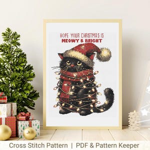 黒猫のクロスステッチパターン、メリークリスマス、ニャー、クリスマスホリデークロスステッチ、クリスマスデコレーション、面白いクリスマスデコレーション、猫好きのギフト