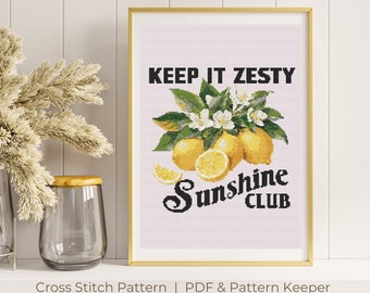 Patrón de punto de cruz de limones con acuarela vintage, patrones de cocina de frutas cítricas, gráficos digitales en PDF de xstitch, limones botánicos, frutas de verano