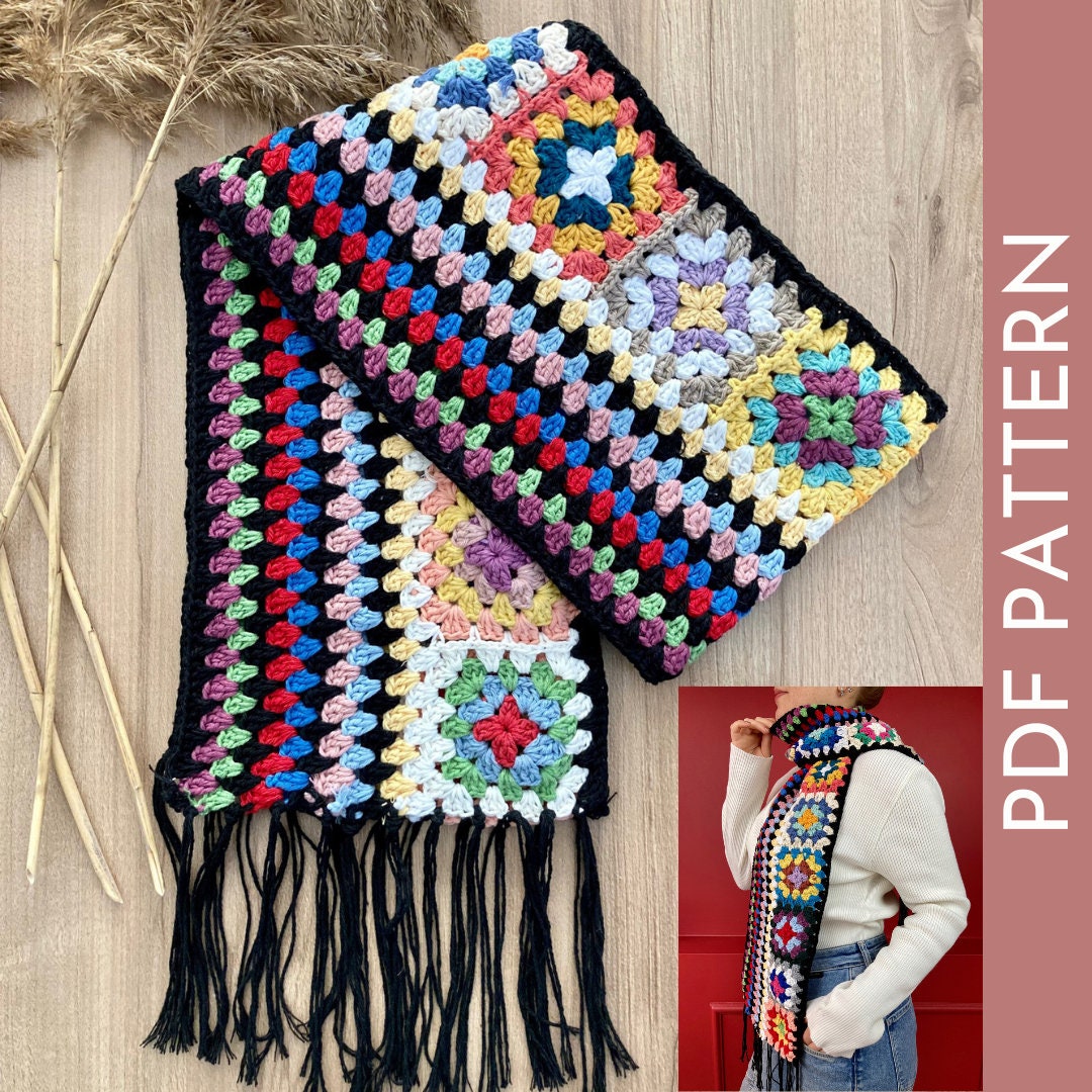 Crochet Granny Scarf Pattern PDF, Easy Granny Square Pattern, Easy Colorful Granny Square Pattern