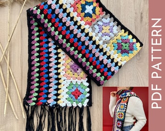 Crochet Granny Scarf Pattern PDF, Easy Granny Square Pattern, Easy Colorful Granny Square Pattern