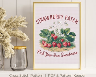 Watercolor Strawberry Flowers Counted Cross Stitch Pattern, Summer Fruits Vintage X Stitch Chart, Strawberries Botanical Kitchen X Stitch
