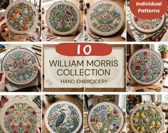 William Morris Inspired Embroidery Pattern Bundle, Vintage Botanical Birds Floral Hand Embroidery Collection, 10 Hand Embroidery Patterns