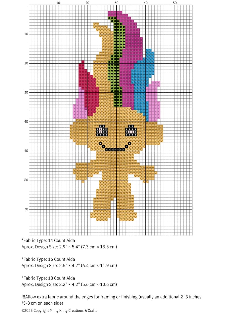 May include: Cross stitch pattern for a colorful troll with a rainbow mohawk. The pattern includes instructions for 14, 16, and 18 count Aida fabric. The finished design size is approximately 2.9 inches by 5.4 inches on 14 count Aida.
