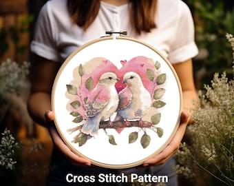 Tauben Kreuzstich-Muster, Valentinstag Vögel (PDF-Muster)