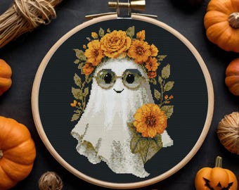 Flower Ghost Halloween Cross Stitch Pattern, Creepy Cute (PDF Pattern)