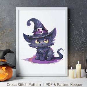 Halloween Cat Witch Hat Cute Cross Stitch Pattern, Purple Witchy Cat Gothic Cross Stitch, Autumn Halloween X Stitch, Kitty Cat Horror Stitch