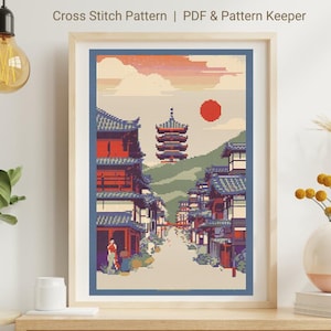 Anime Landscape Cross Stitch Pattern, Vintage Travel Japan Cross Stitch, Japan Castle Xstitch, Asian Manga Kawaii Japanese Cross Stitch