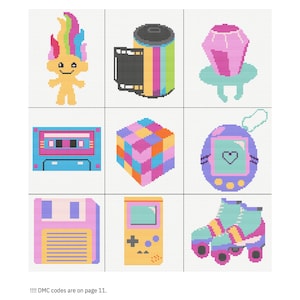 May include: A set of nine cross stitch patterns featuring nostalgic 90s icons, including a troll doll, a cassette tape, a Rubik's cube, a Tamagotchi, a floppy disk, a Game Boy, and roller skates. The patterns are all in bright, colorful pixel art style.