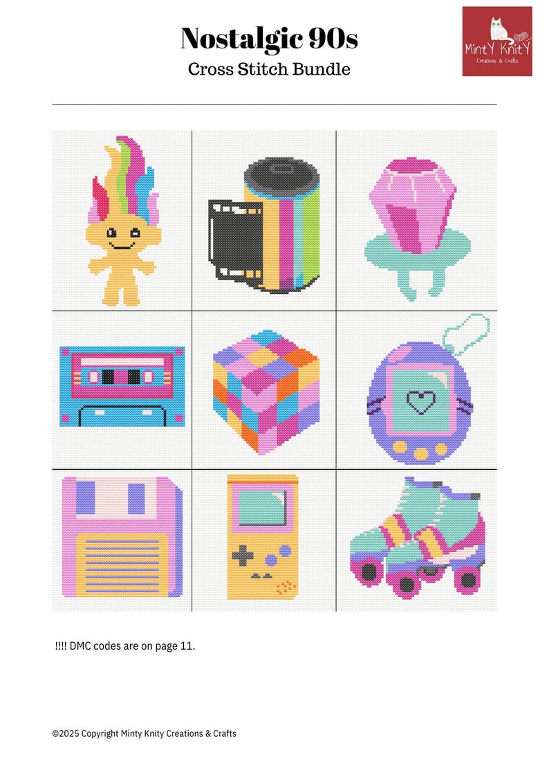 May include: A set of nine cross stitch patterns featuring nostalgic 90s icons, including a troll doll, a cassette tape, a Rubik's cube, a Tamagotchi, a floppy disk, a Game Boy, and roller skates. The patterns are all in bright, colorful pixel art style.