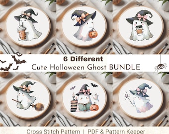 Bundel Halloween-spook-kruissteekpatroon, set van Witchy Ghost met pompoenen en vleermuizen, kawaii Halloween schattige spook-kruissteek