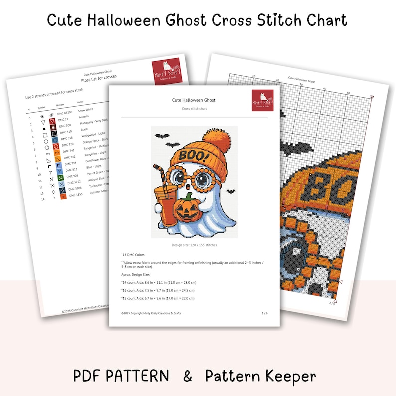 May include: A cross-stitch chart set featuring a cute Halloween ghost design. The ghost wears an orange beanie and glasses, holding a pumpkin drink. The chart includes a color key and a pattern keeper option. The text "BOO!" is visible.