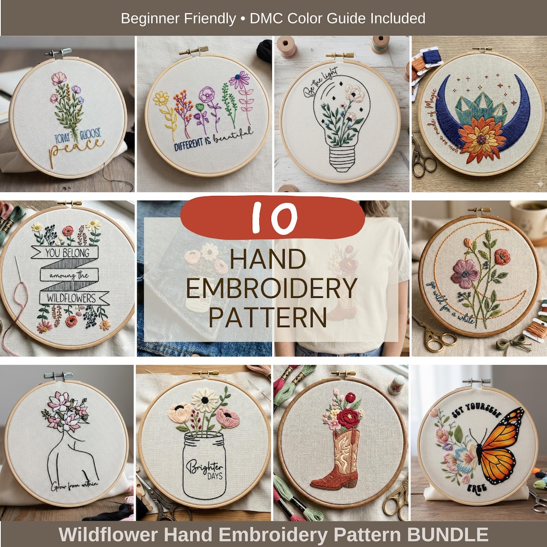 10 Wildflower Hand Embroidery Patterns, Modern Floral Hand Embroidery ...
