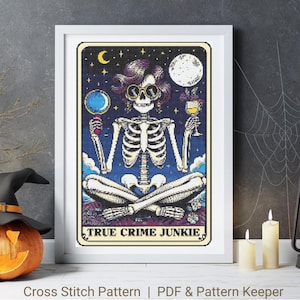 Padrão de ponto cruz de esqueleto engraçado, gráfico de ponto cruz de cartas de tarô de esqueletos contados, padrão de ponto cruz gótico de Halloween