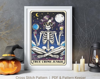 Padrão de Ponto Cruz de Esqueleto Engraçado, Gráfico de Ponto Cruz de Cartas de Tarô com Esqueletos Contados, Padrão de Ponto Cruz Gótico de Halloween