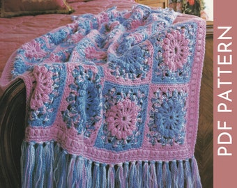 Crochet Pattern Popcorn Stitch Afghan Pink and Purple Blanket,  Crochet Sunburst Granny Square Blanket, Chunky Crochet Afghan Blanket PDF