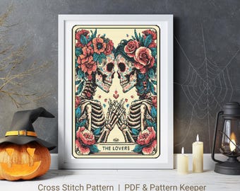 Lustiges Skelett Kreuzstichmuster, Die Liebhaber Skeletons Tarot Karte Kreuzstichvorlage, Gothic Halloween Kreuzstichmuster