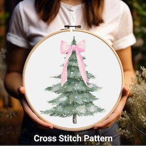 Christmas Tree Cross Stitch Pattern, Pink Bow ChristmasTree X-mas Art Counted, Merry Christmas Cross Stitch Pattern, Winter cross stitch