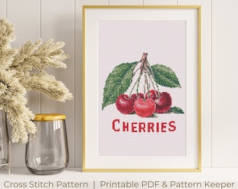 Vintage Watercolor Cherry Cross Stitch Pattern, Red Cherries Cross Stitch Chart,Summer Fruits Hoop Art Kitchen Cross Stitch Digital Download