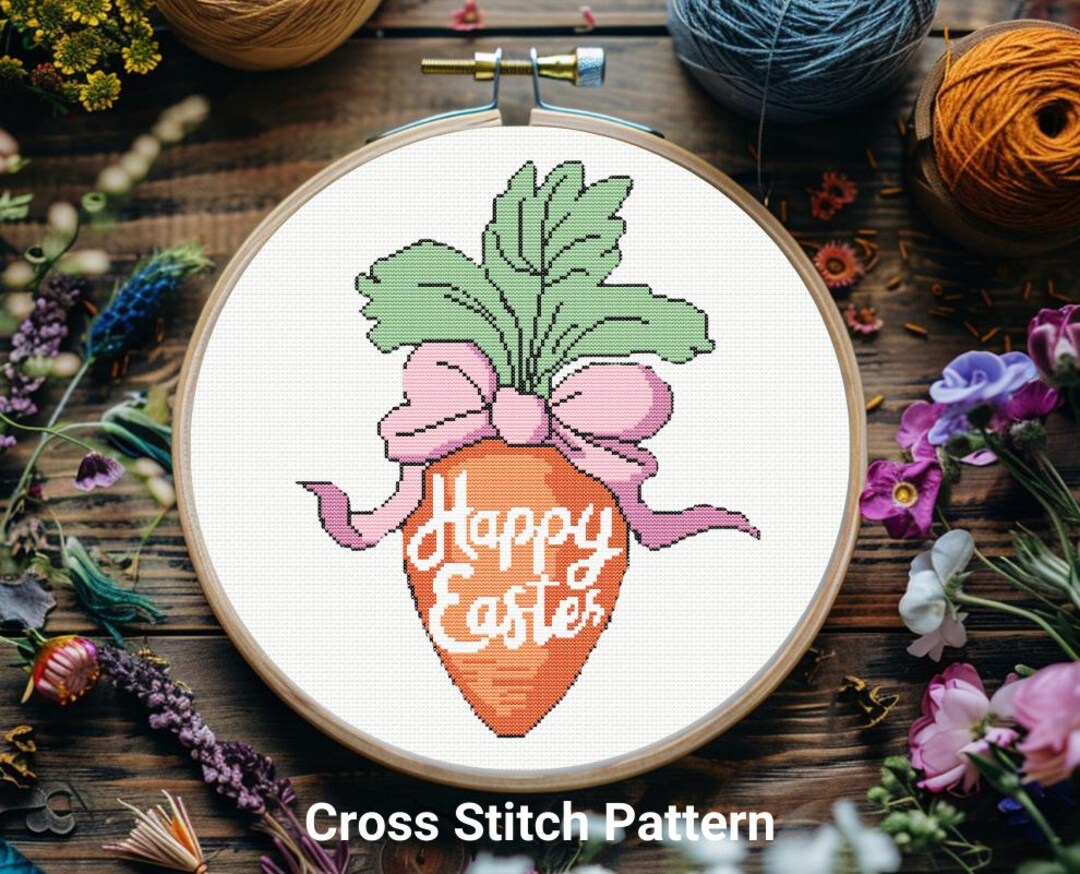Happy Easter Cross Stitch Pattern, Coquette Carrot Cross Stitch, Cute ...