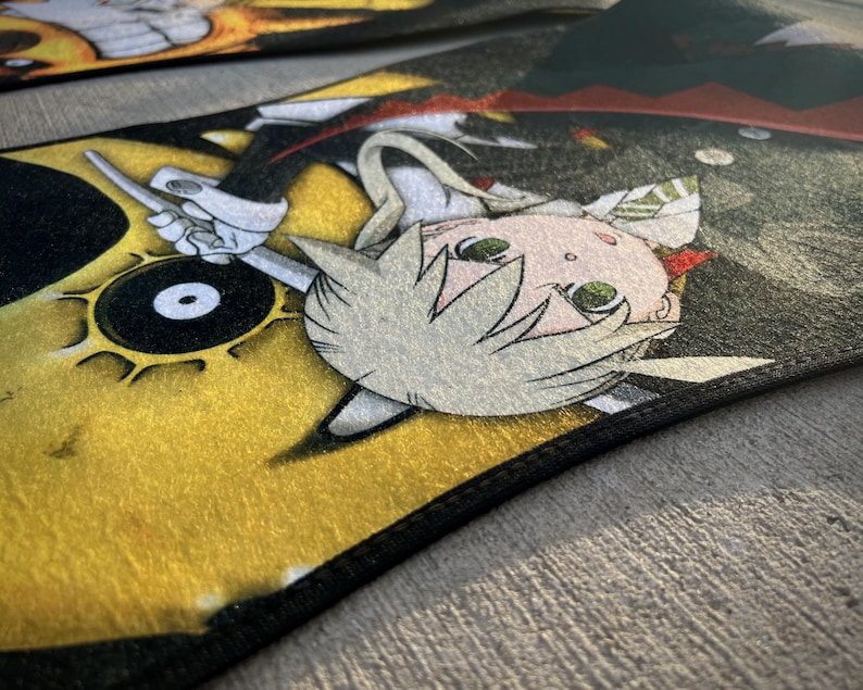 Custom Soul Eater car mats featuring Maka Albarn and her scythe partner, Soul. Inspired by the anime's action-packed adventures, these durable mats bring Death Weapon Meister Academy style to your ride. Perfect for fans of Maka, Soul