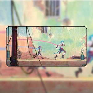 Può includere: Due personaggi dei cartoni animati, uno blu e uno rosso, corrono lungo un sentiero con delle corde colorate che si trascinano dietro di loro. Lo sfondo è un muro dipinto di verde e blu con una finestra e un muro di mattoni marroni.