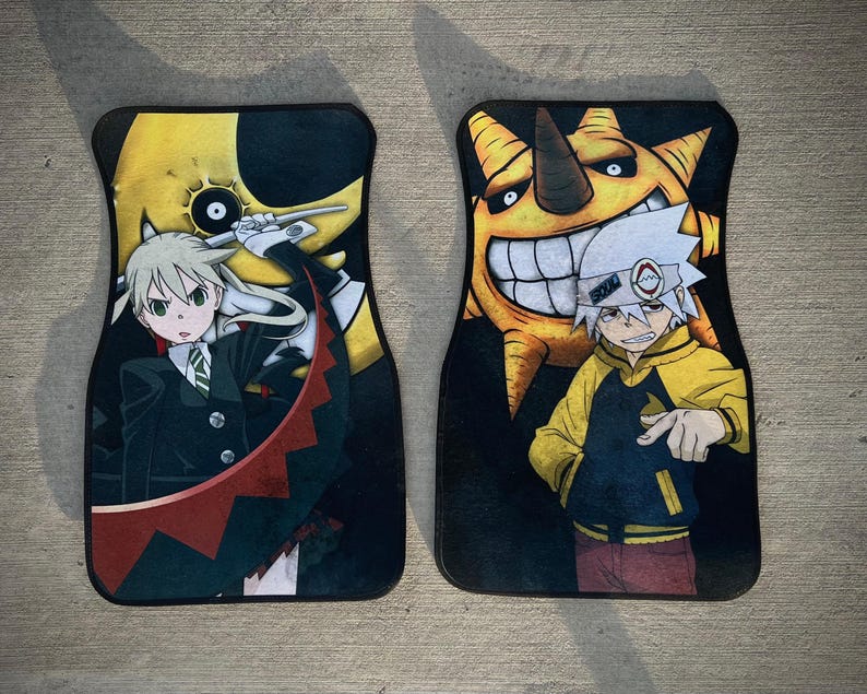 Custom Soul Eater car mats featuring Maka Albarn and her scythe partner, Soul. Inspired by the anime's action-packed adventures, these durable mats bring Death Weapon Meister Academy style to your ride. Perfect for fans of Maka, Soul