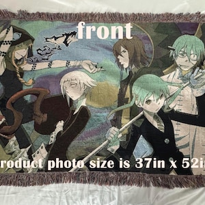 "Soul Eater woven blanket featuring anime characters, available in 3 sizes, displayed on a dark couch. High-quality, colorful tapestry-style throw for anime fans and home decor." maka albarn, death the kid, soul, otaku, anime, soul eater
