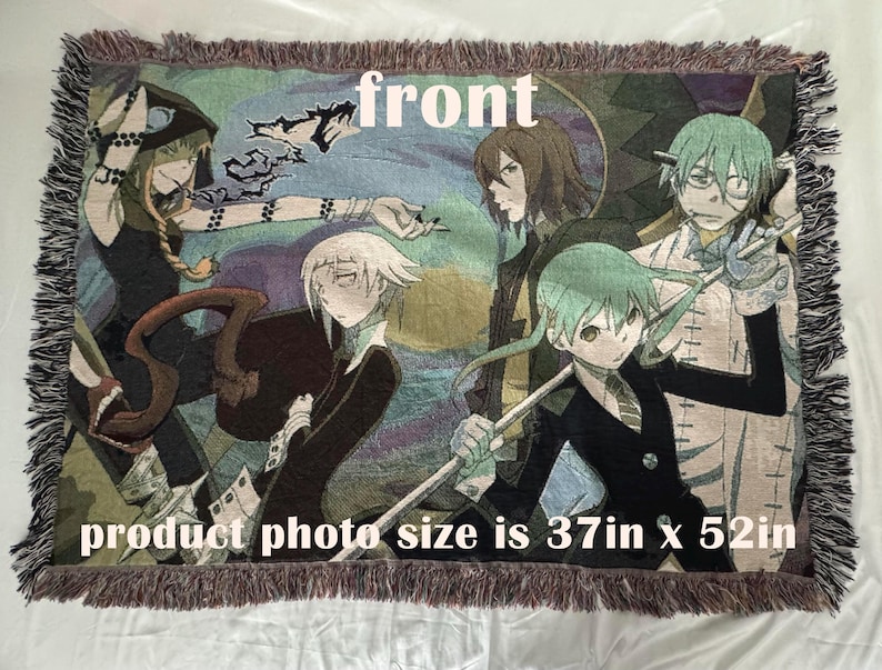 "Soul Eater woven blanket featuring anime characters, available in 3 sizes, displayed on a dark couch. High-quality, colorful tapestry-style throw for anime fans and home decor." maka albarn, death the kid, soul, otaku, anime, soul eater