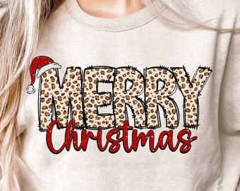 Stampa leopardata Buon Natale con cappello da Babbo Natale, Buon Natale png, Design digitale PNG di Natale, Download del design di sublimazione delle vacanze