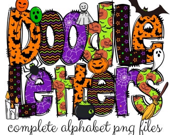 Halloween Doodle letters with Clip Art PNG Files, Make your own Name, Doodle Alpha Bundle, Halloween Clipart Alphabet Doodle Set PNG