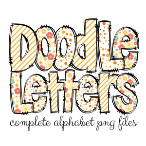 Letras de Doodle de Flor Fofa, Doodle Desenhado à Mão Pacote Alfa Números Padronizados e Conjunto de Doodle do Alfabeto Fonte de Sublimação png