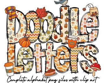 Fall Doodle letters with Clip Art, Autumn Hand Drawn Doodle Alpha Bundle, its fall yall Pumpkin Spice Latte Sublimation design, Alphabet PNG