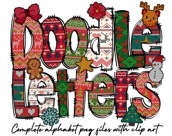Christmas Doodle Letters Clip Art PNG Files, Uppercase Alphabet Set, Retro Christmas Sublimation Letters, Santa Xmas Holiday PNG