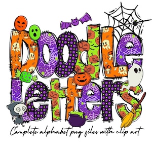 Halloween Doodle letters with Clip Art PNG Files, Make your own Name, Doodle Alpha Bundle, Halloween Clipart Alphabet Doodle Set PNG