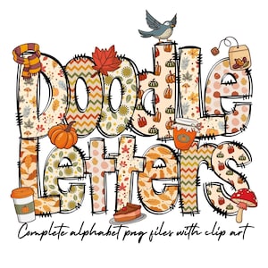 Letras de Doodle de outono com Clip Art, pacote Doodle Alpha desenhado à mão de outono, seu design de sublimação de abóbora Spice Latte de outono, alfabeto, png