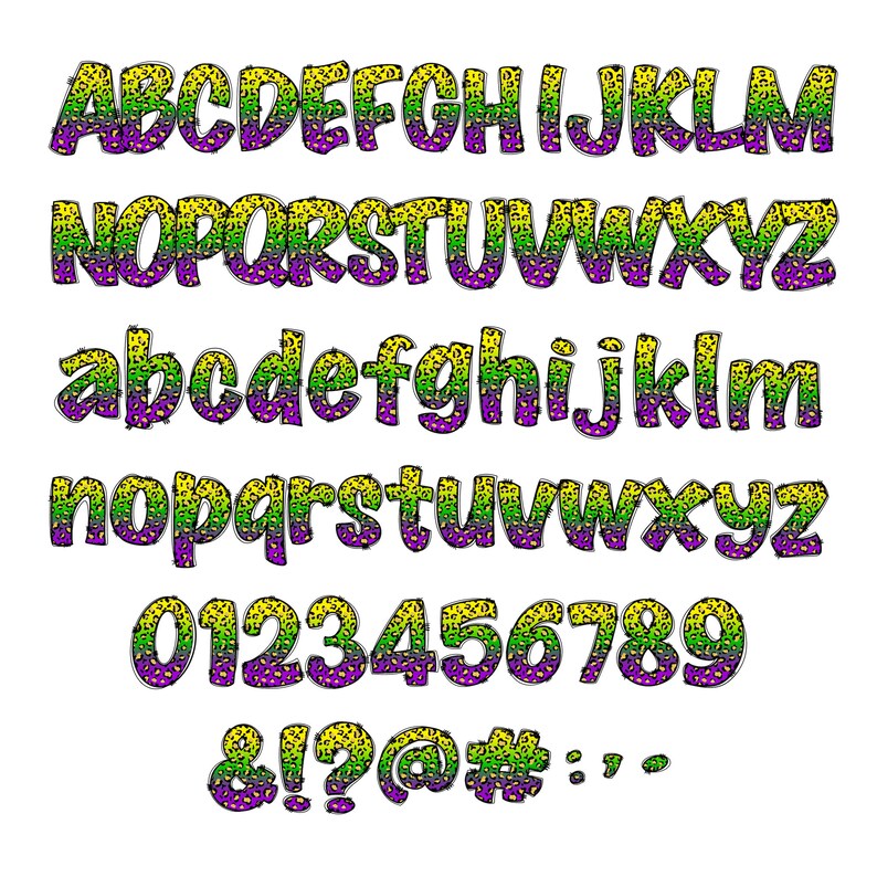 May include: A colorful alphabet and number font with a green, yellow, and purple leopard print pattern. The font includes uppercase and lowercase letters, numbers 0-9, and symbols including ampersand, exclamation point, question mark, at symbol, number sign, colon, and period.