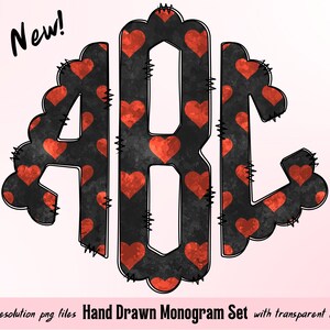 Valentine&#39;s Day Monogram Letters, Sublimation PNG Hand Drawn Doodle Full Alphabet Bundle, Left Middle Right Doodle Letters PNG