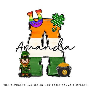 Carta de Doodle de São Patrício, adicione seu próprio nome, nome personalizado para família e camisa infantil, Lucky St Patty's Day PNG, CANVA TEMPLATE