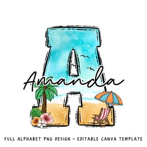 Praia Doodle letras PNG, adicione seu próprio nome, modelo CANVA, design de nome personalizado para família e camisa infantil, design de sublimação de verão