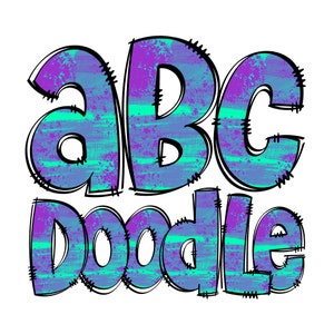Letras Doodle Abstratas Roxas E Verde-azuladas, Doodle Desenhado à Mão Pacote Alfa Números Padronizados e Conjunto de Doodle do Alfabeto Fonte de Sublimação png